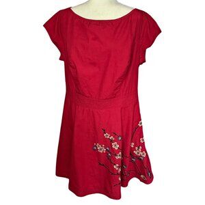 eShakti Red Fit Flare Mini Dress Plus XL Floral Embroidery Cap Sleeve Spring